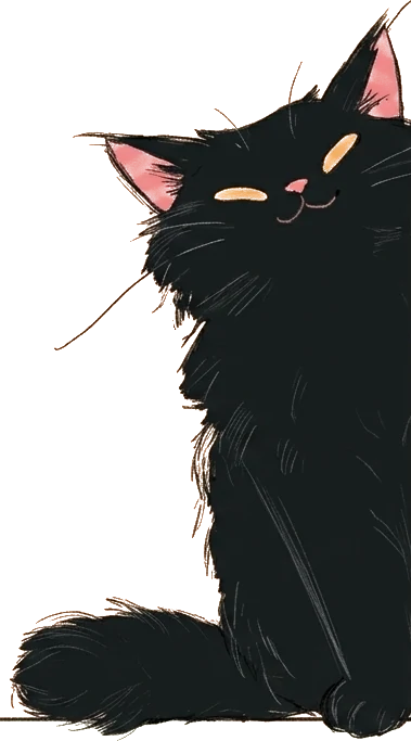 黄色い壁のかげから、目を細めて顔をのぞかせる黒猫のイラスト